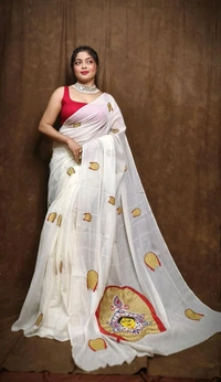 Durga Ma Embroidered Slab Cotton Saree - White