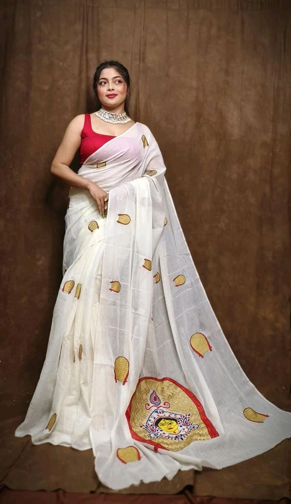 Durga Ma Embroidered Slab Cotton Saree - White