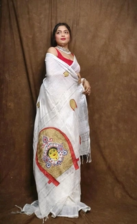 Durga Ma Embroidered Slab Cotton Saree - White