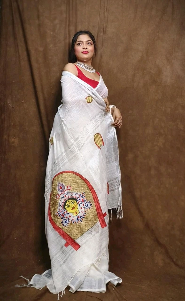 Durga Ma Embroidered Slab Cotton Saree - White