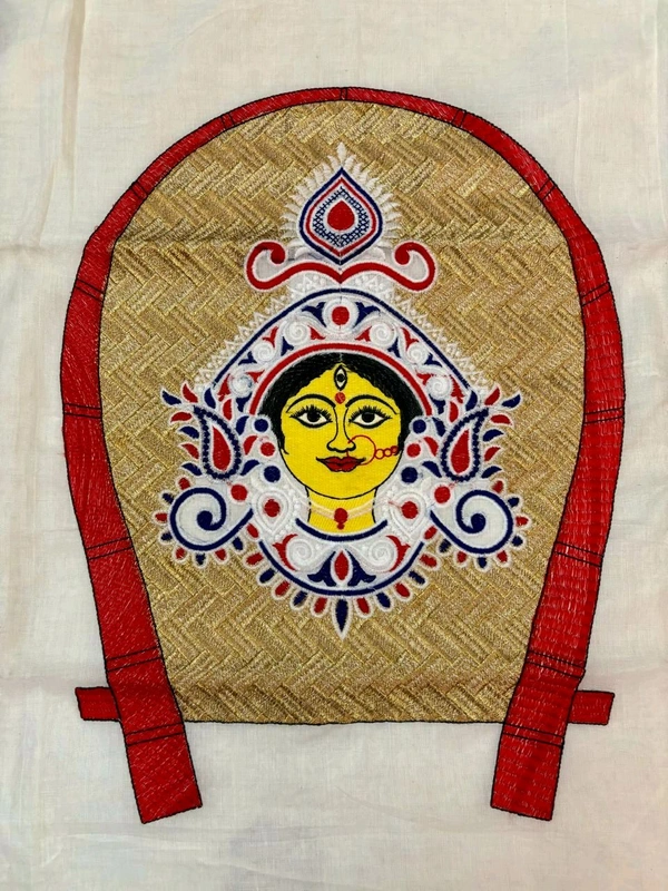 Durga Ma Embroidered Slab Cotton Saree - White