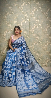 Traditional Bengal Jamdani With Blouse Piece  - Blue