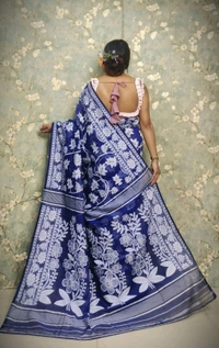 Traditional Bengal Jamdani With Blouse Piece  - Blue