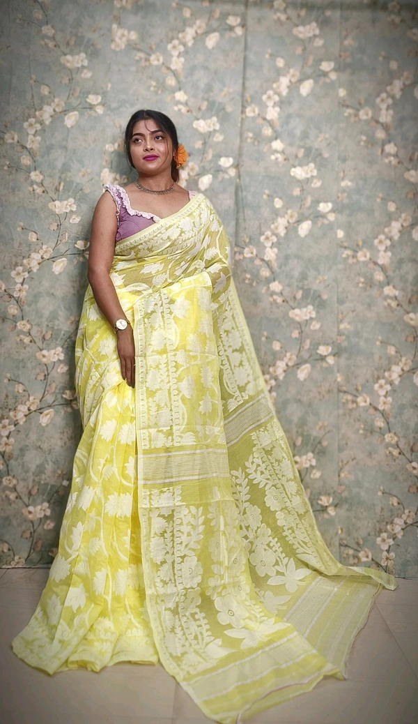 Traditional Bengal Jamdani With Blouse Piece  - Yellow