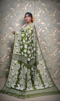 Traditional Bengal Jamdani With Blouse Piece  - Olive