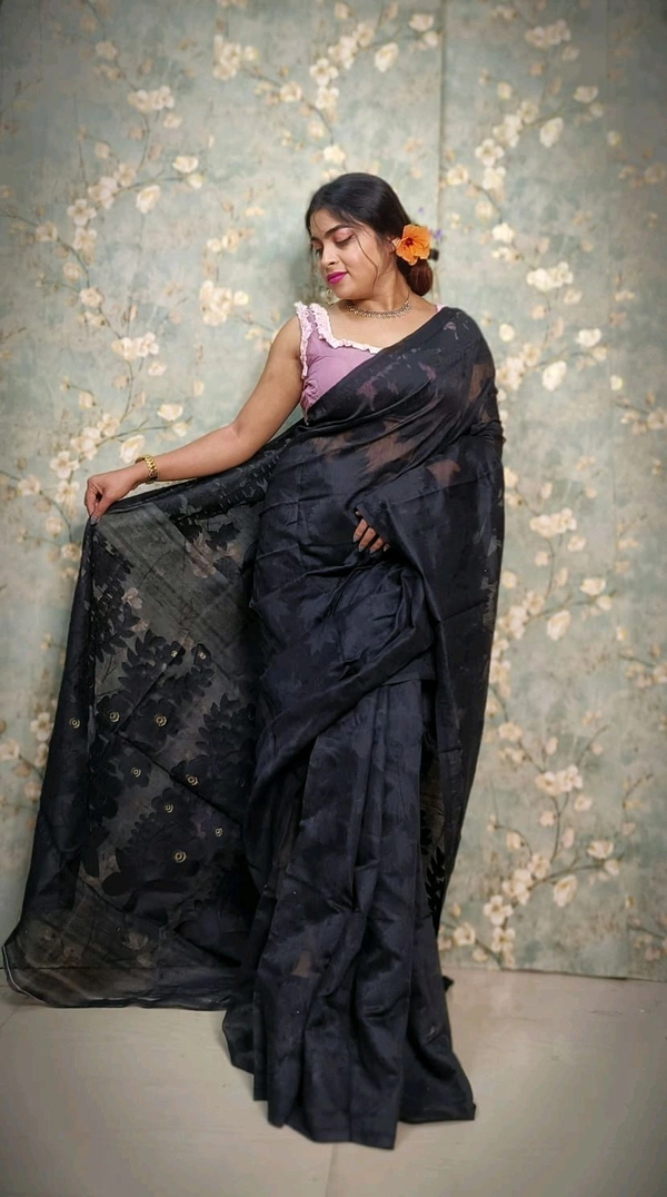 Traditional Bengal Jamdani With Blouse Piece  - Black