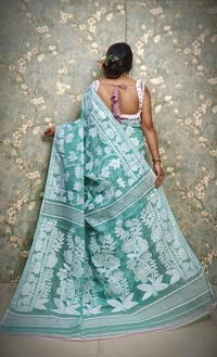 Traditional Bengal Jamdani With Blouse Piece  - Sky Blue