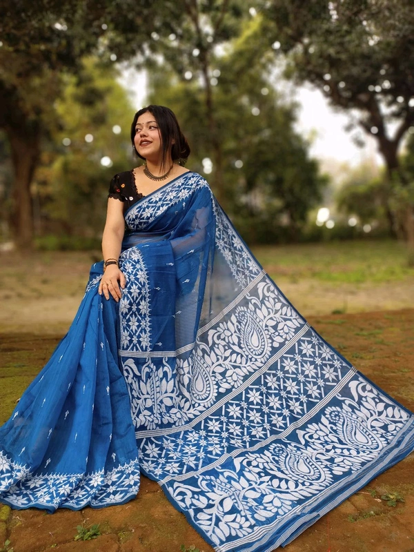 Traditional Bengal Alpana Woven Jamdani  - Blue, With Blouse Piece
