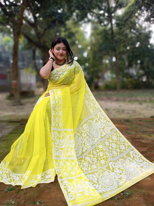 Traditional Bengal Alpana Woven Jamdani  - Yellow, Without Blouse Piece