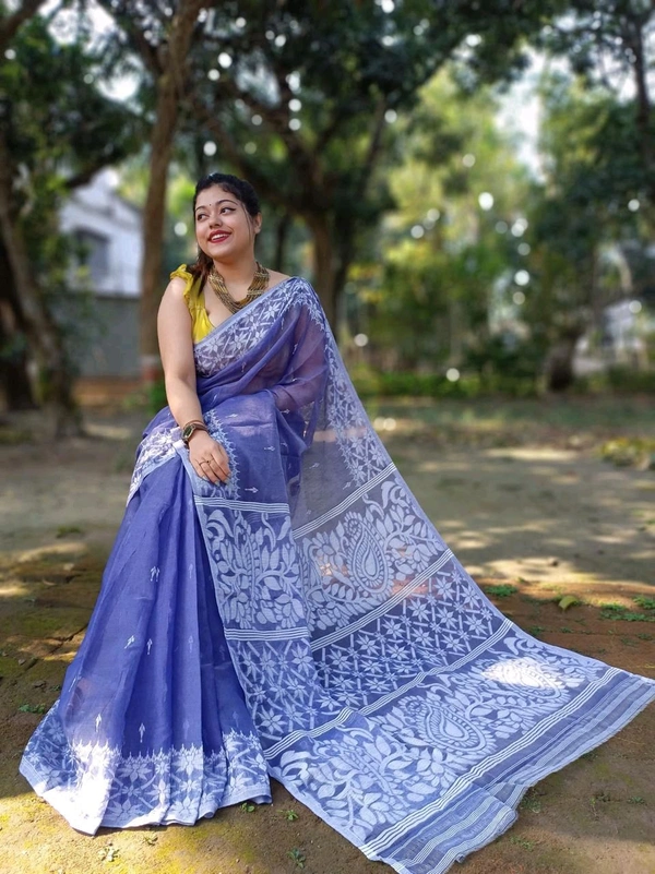 Traditional Bengal Alpana Woven Jamdani  - Royal Blue, Without Blouse Piece