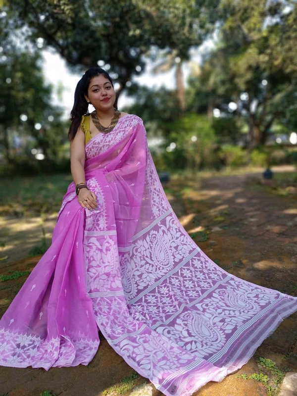 Traditional Bengal Alpana Woven Jamdani  - Pink, Without Blouse Piece