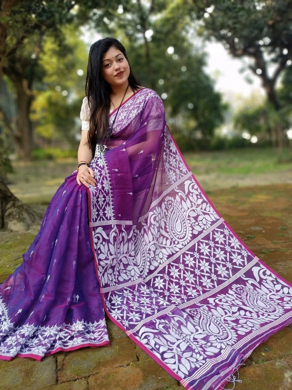 Traditional Bengal Alpana Woven Jamdani  - Pigment Indigo, With Blouse Piece
