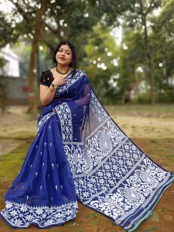 Traditional Bengal Alpana Woven Jamdani  - With Blouse Piece, Navy Blue