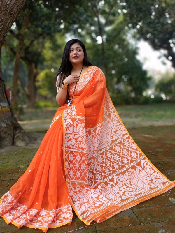 Traditional Bengal Alpana Woven Jamdani  - Orange, Without Blouse Piece