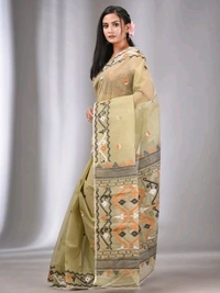 Traditional Bengal Woven Jamdani  - Cream Olive