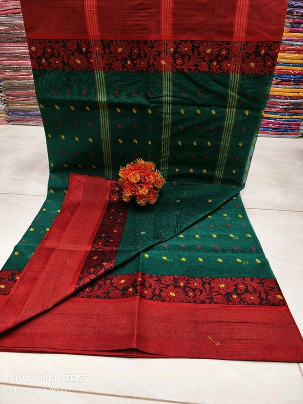 Naksha Border Cotton Tant Saree  - Dark Green