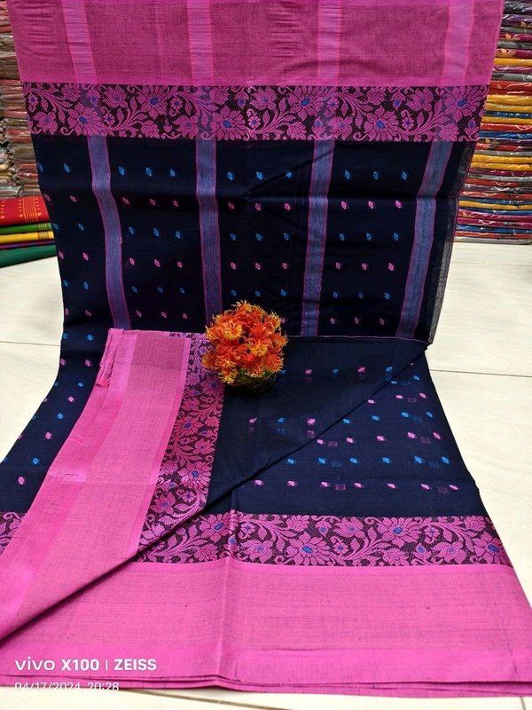 Naksha Border Cotton Tant Saree  - Indigo