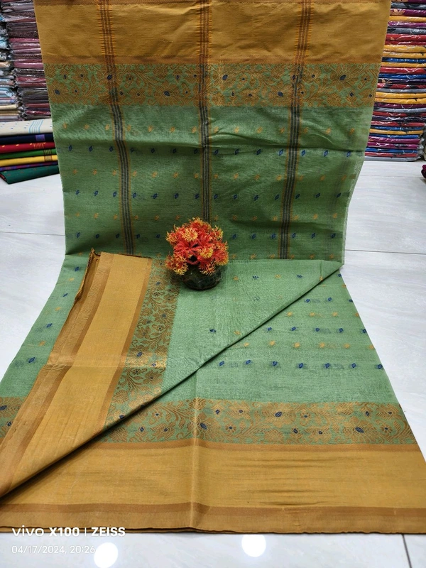 Naksha Border Cotton Tant Saree  - Teal