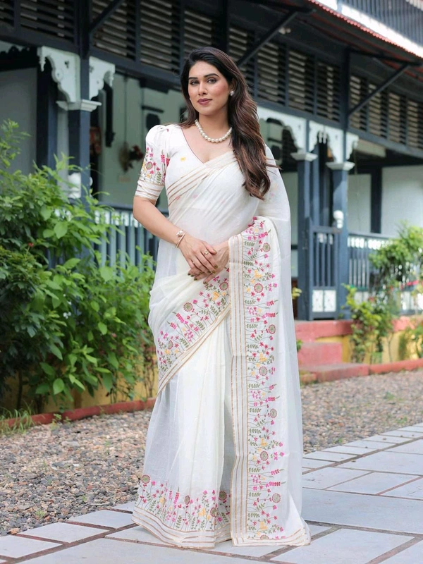 Plain White Embroidered Cotton Saree  - White, Without Seperate BP