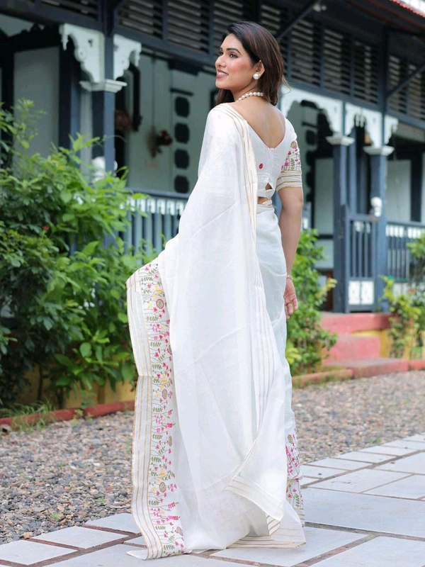 Plain White Embroidered Cotton Saree  - White, Without Seperate BP