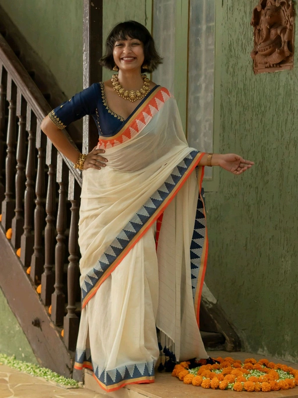 Temple Border Cotton Saree - Cream White