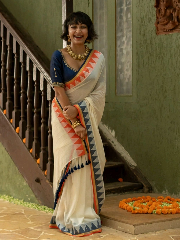 Temple Border Cotton Saree - Cream White
