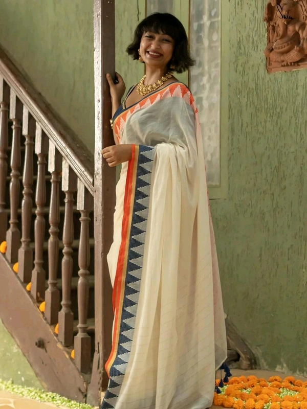 Temple Border Cotton Saree - Cream White