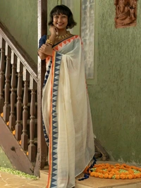 Temple Border Cotton Saree - Cream White
