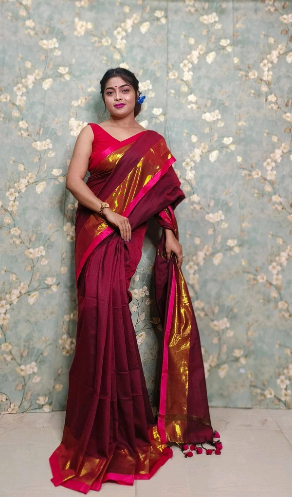 Golden Tissue Zari Border Cotton Saree  - Brown