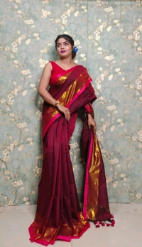 Golden Tissue Zari Border Cotton Saree  - Brown