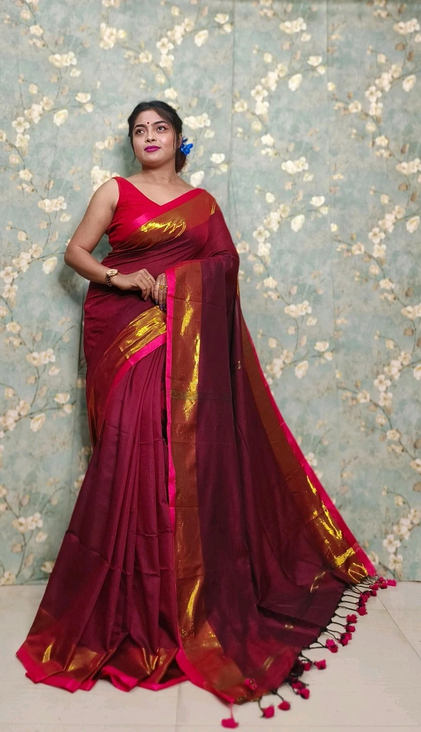Golden Tissue Zari Border Cotton Saree  - Brown