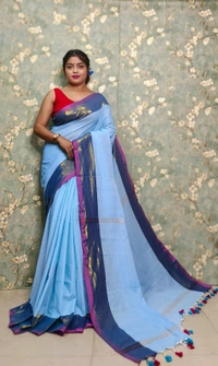 Golden Tissue Zari Border Cotton Saree  - Sky Blue