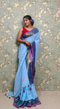 Golden Tissue Zari Border Cotton Saree  - Sky Blue