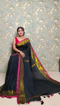 Golden Tissue Zari Border Cotton Saree  - Black