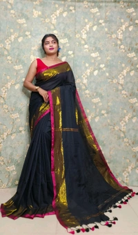 Golden Tissue Zari Border Cotton Saree  - Black