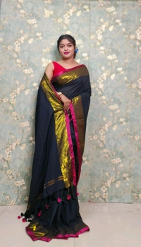 Golden Tissue Zari Border Cotton Saree  - Black