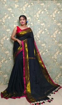 Golden Tissue Zari Border Cotton Saree  - Black