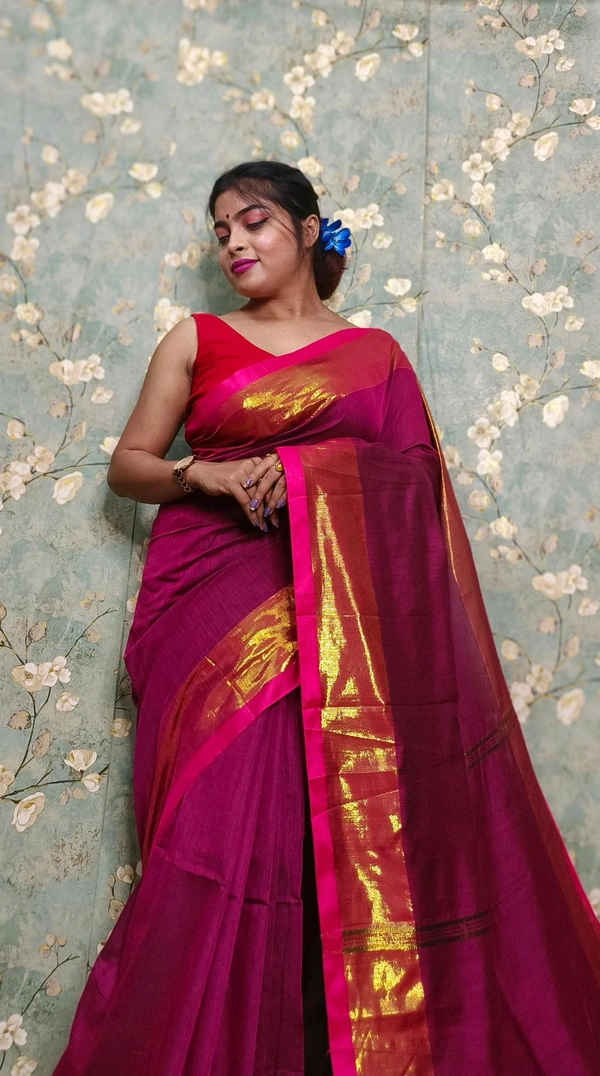 Golden Tissue Zari Border Cotton Saree  - Maroon