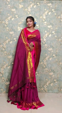 Golden Tissue Zari Border Cotton Saree  - Maroon