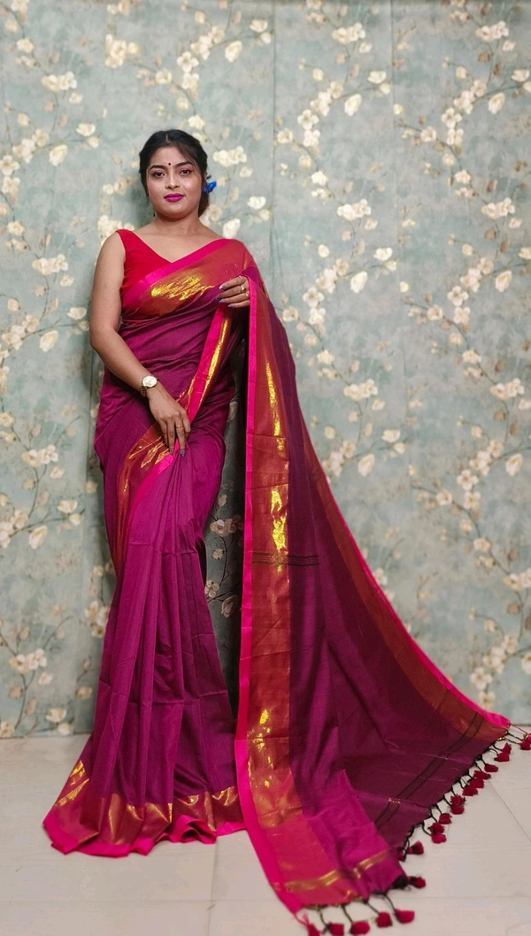 Golden Tissue Zari Border Cotton Saree  - Maroon