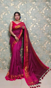 Golden Tissue Zari Border Cotton Saree  - Maroon