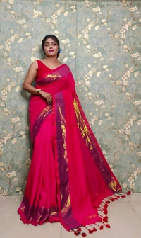 Golden Tissue Zari Border Cotton Saree  - Cherry Red
