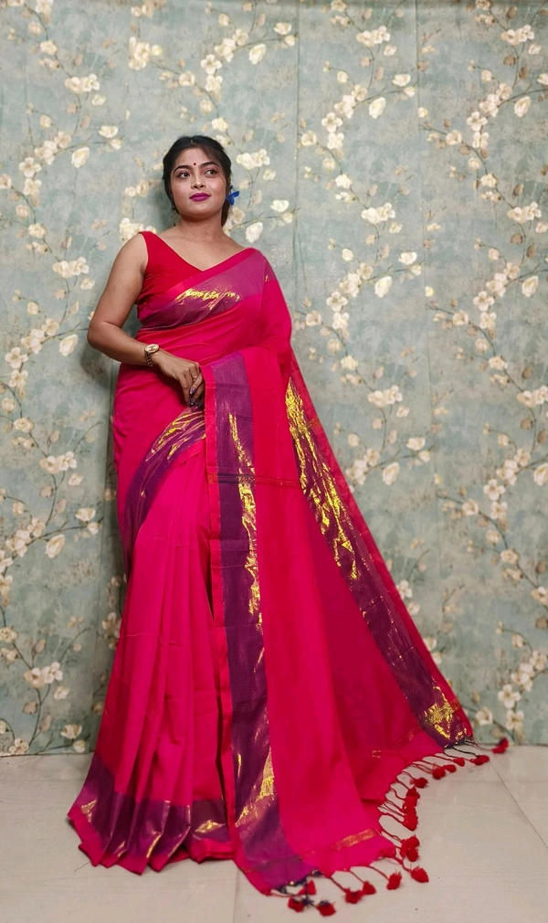 Golden Tissue Zari Border Cotton Saree  - Cherry Red