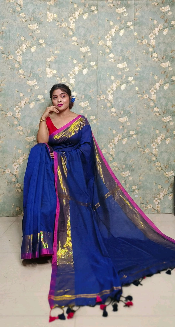 Golden Tissue Zari Border Cotton Saree  - Blue