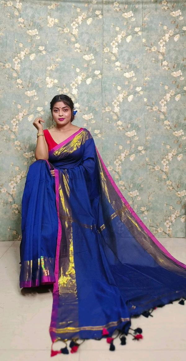 Golden Tissue Zari Border Cotton Saree  - Blue