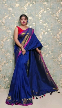 Golden Tissue Zari Border Cotton Saree  - Blue