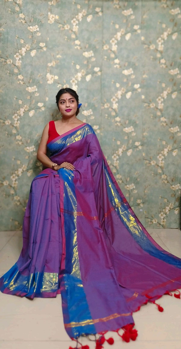 Golden Tissue Zari Border Cotton Saree  - Purple