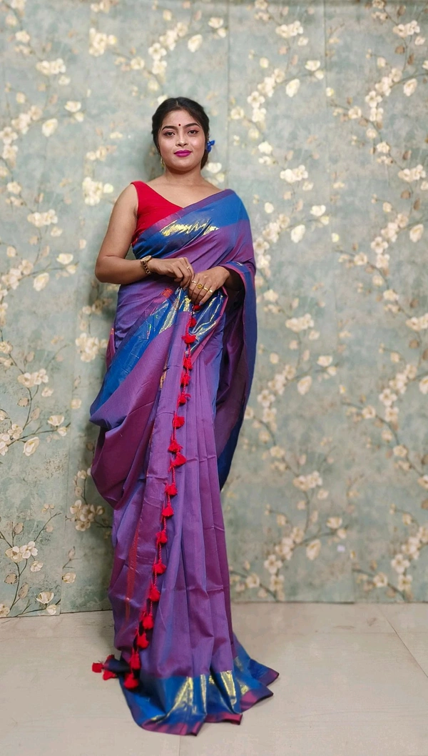 Golden Tissue Zari Border Cotton Saree  - Purple