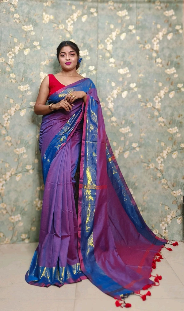 Golden Tissue Zari Border Cotton Saree  - Purple