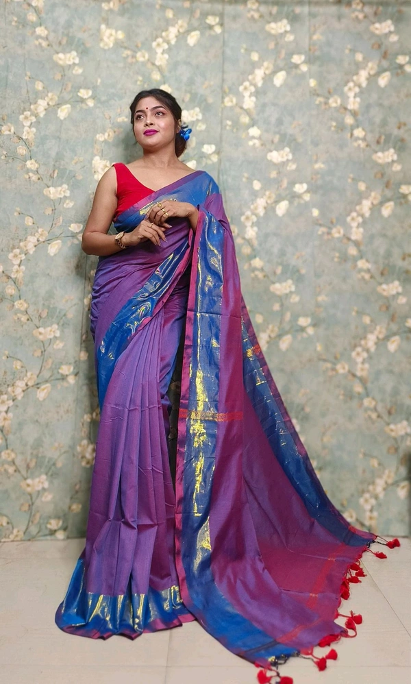 Golden Tissue Zari Border Cotton Saree  - Purple